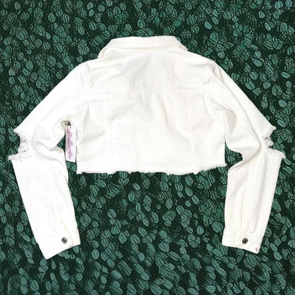 NWT XS White Distressed Destructed Denim Collared Button Crop Jacket Jean Cotton - Picture 4 of 4